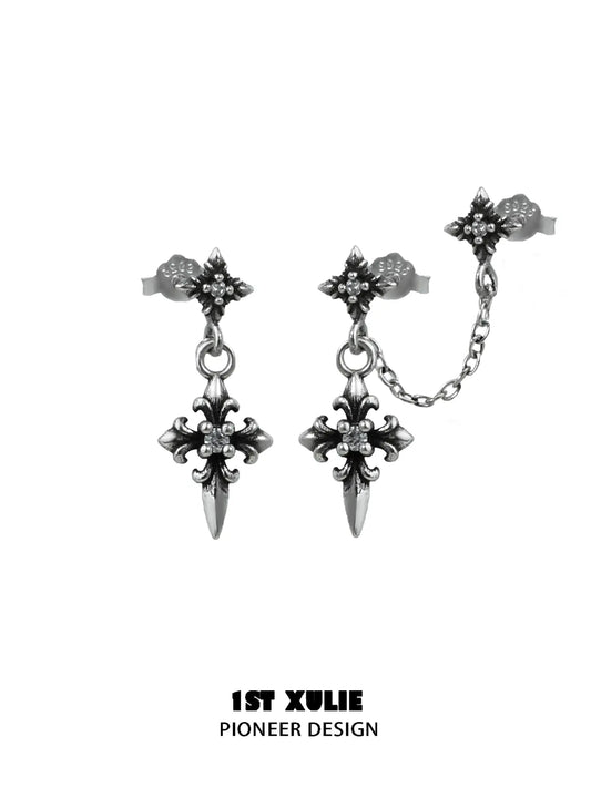 1ST XULIE Jewelry "Irises" Vintage Iris Flower Dangle Earrings in Oxidized Silver Finish - Angled View