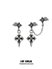 1ST XULIE Jewelry "Irises" Vintage Iris Flower Dangle Earrings in Oxidized Silver Finish - Angled View