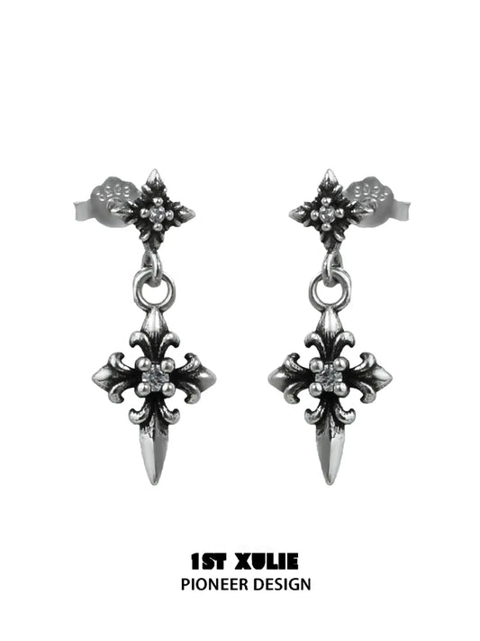 1ST XULIE Jewelry "Irises" Vintage Iris Flower Dangle Earrings in Oxidized Silver Finish - Back View