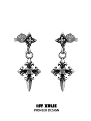 1ST XULIE Jewelry "Irises" Vintage Iris Flower Dangle Earrings in Oxidized Silver Finish - Back View
