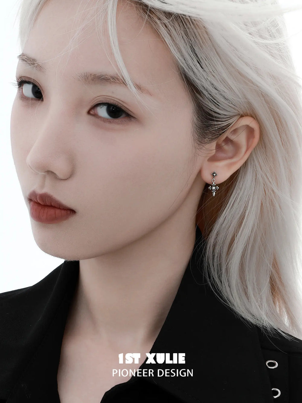 1ST XULIE Jewelry "Irises" Vintage Iris Flower Dangle Earrings in Oxidized Silver Finish - On Model Close Up