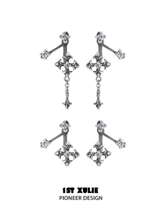1ST XULIE Jewelry "Irises" Vintage Iris Flower Stud Earrings in Platinum Plated - On Model Close Up