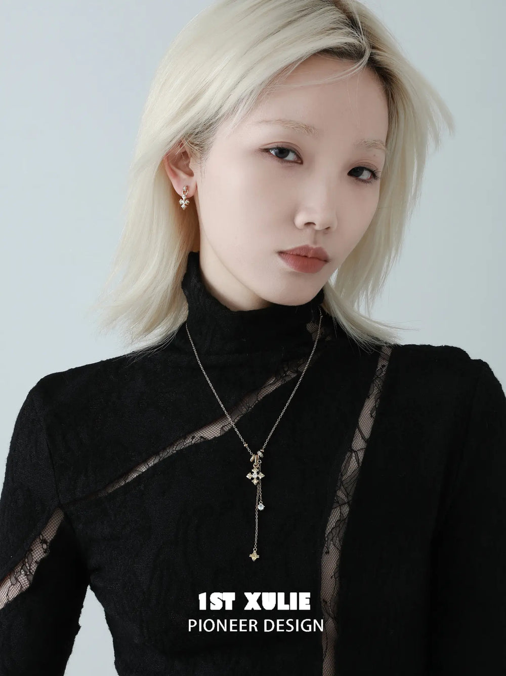 1ST XULIE Jewelry "Bastet" Vintage Iris Pendant Necklace in Rhodium Plated Brass - Angle View