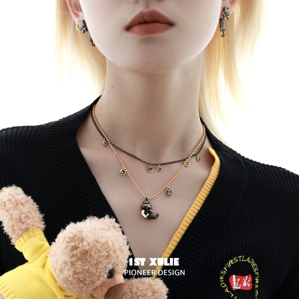 1ST XULIE "Lucky Cat" Vintage Button Choker in 18K Gold Plated Brass and Leather - Lifestyle Shot