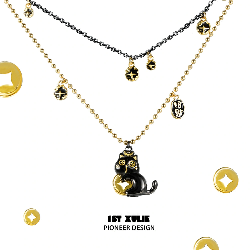 1ST XULIE "Lucky Cat" Vintage Button Choker in 18K Gold Plated Brass and Leather - On Model Close-Up