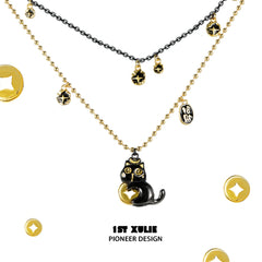 1ST XULIE "Lucky Cat" Vintage Button Choker in 18K Gold Plated Brass and Leather - On Model Close-Up