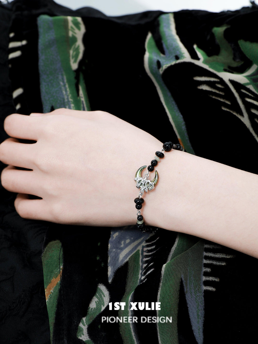 1ST XULIE "MYTH OF THE MOON" Vintage Moon Agate Bead Bracelet in Platinum Plated Brass - Lifestyle Shot