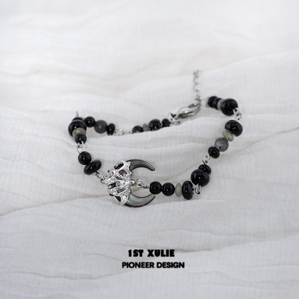 1ST XULIE "MYTH OF THE MOON" Vintage Moon Agate Bead Bracelet in Platinum Plated Brass - Product View