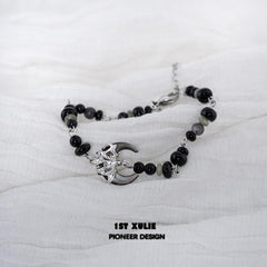 1ST XULIE "MYTH OF THE MOON" Vintage Moon Agate Bead Bracelet in Platinum Plated Brass - Product View