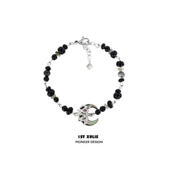 1ST XULIE "MYTH OF THE MOON" Vintage Moon Agate Bead Bracelet in Platinum Plated Brass - On Model