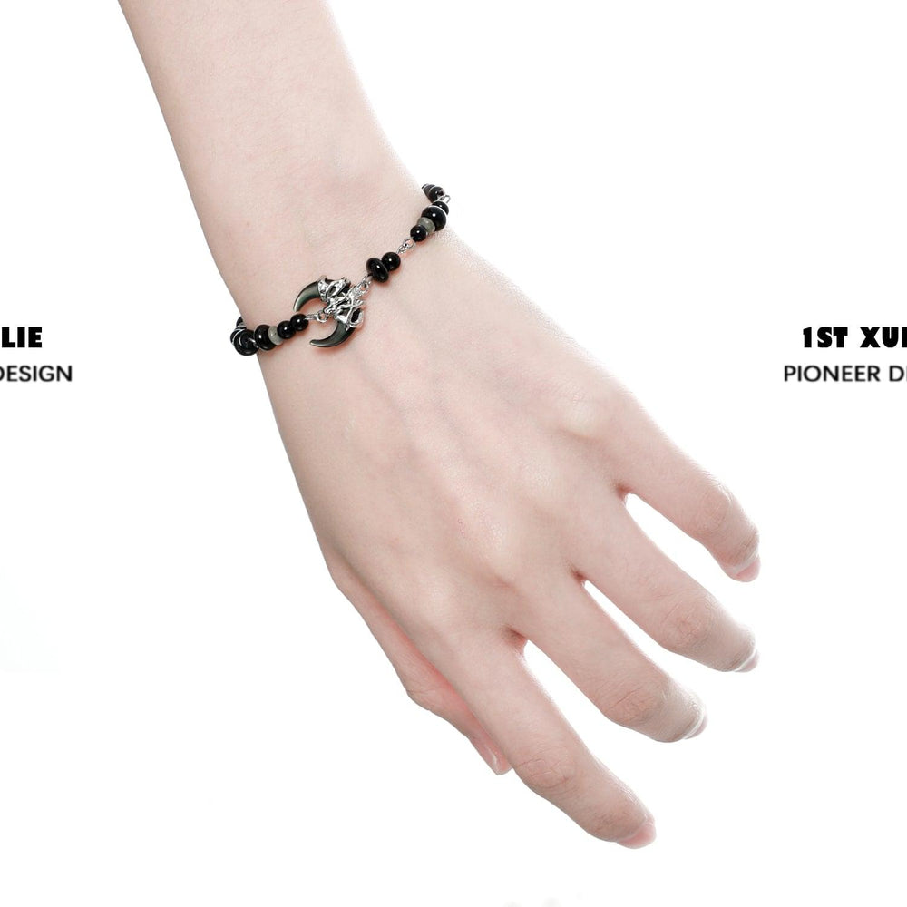 1ST XULIE "MYTH OF THE MOON" Vintage Moon Agate Bead Bracelet in Platinum Plated Brass - On Model Close Up