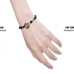 1ST XULIE "MYTH OF THE MOON" Vintage Moon Agate Bead Bracelet in Platinum Plated Brass - On Model Close Up