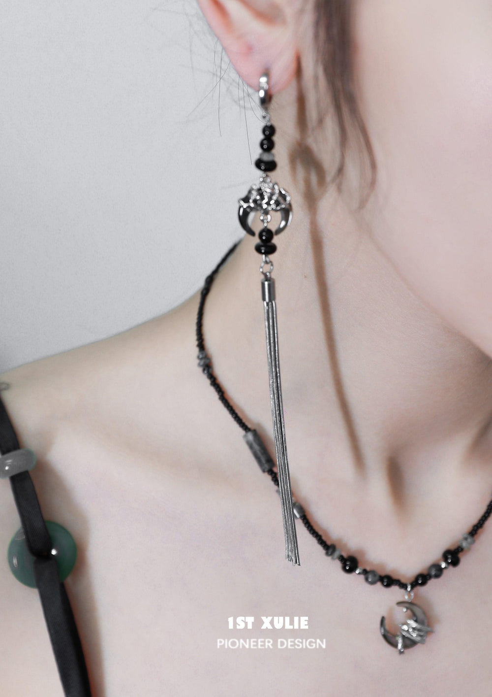 1ST XULIE "MYTH OF THE MOON" Vintage Moon & Agate Statement Tassel Earrings in Platinum Plated 925 Sterling Silver - Lifestyle Shot