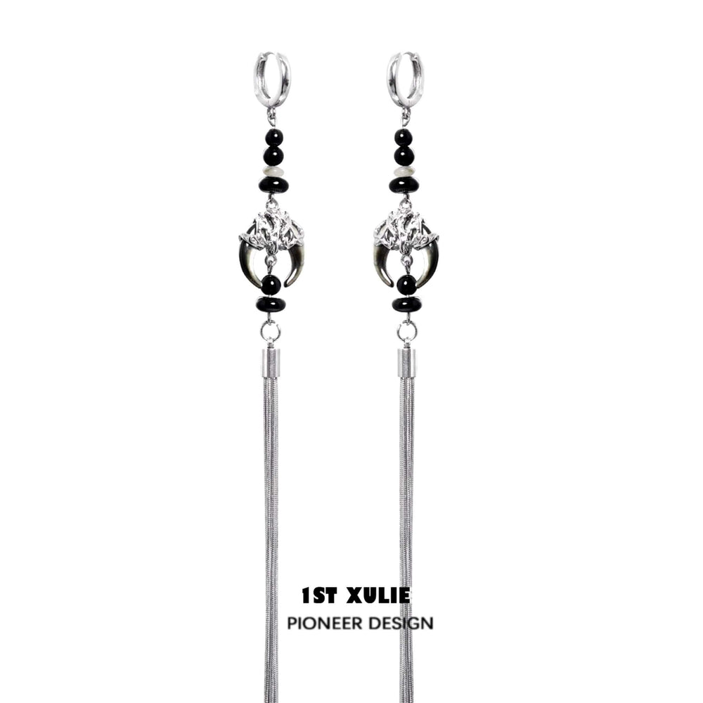 1ST XULIE "MYTH OF THE MOON" Vintage Moon & Agate Statement Tassel Earrings in Platinum Plated 925 Sterling Silver - Product View