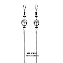1ST XULIE "MYTH OF THE MOON" Vintage Moon & Agate Statement Tassel Earrings in Platinum Plated 925 Sterling Silver - Product View