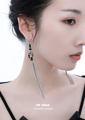 1ST XULIE "MYTH OF THE MOON" Vintage Moon & Agate Statement Tassel Earrings in Platinum Plated 925 Sterling Silver - On Model