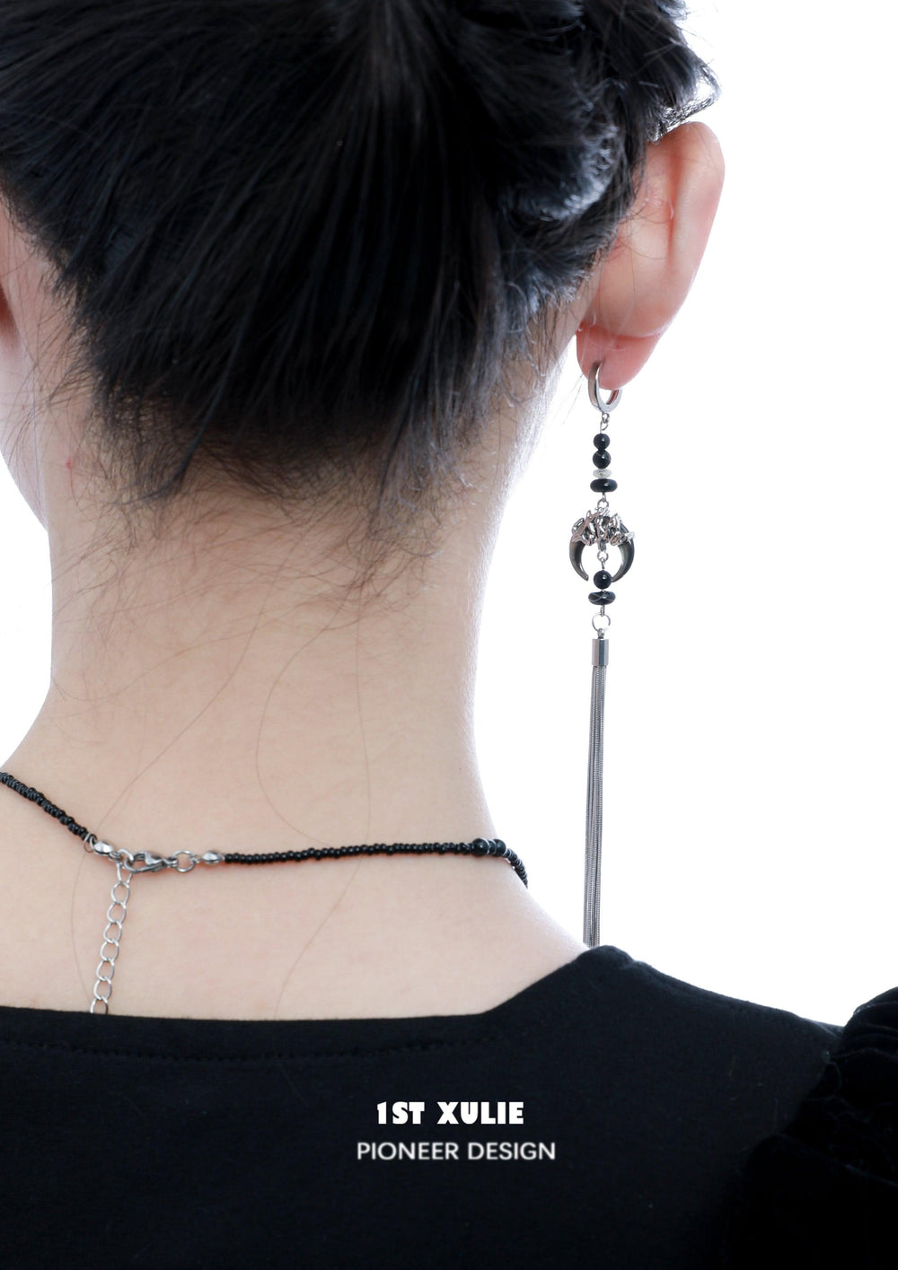 1ST XULIE "MYTH OF THE MOON" Vintage Moon & Agate Statement Tassel Earrings in Platinum Plated 925 Sterling Silver - Side View