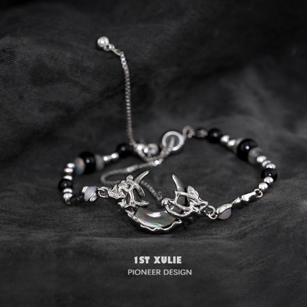 1ST XULIE "MYTH OF THE MOON" Vintage Moon Charm Bead Bracelet in Platinum Plated Brass - Detail Shot