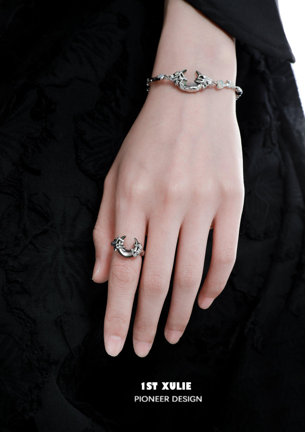 1ST XULIE "MYTH OF THE MOON" Vintage Moon Charm Bead Bracelet in Platinum Plated Brass - Lifestyle Shot