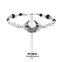 1ST XULIE "MYTH OF THE MOON" Vintage Moon Charm Bead Bracelet in Platinum Plated Brass - On Model
