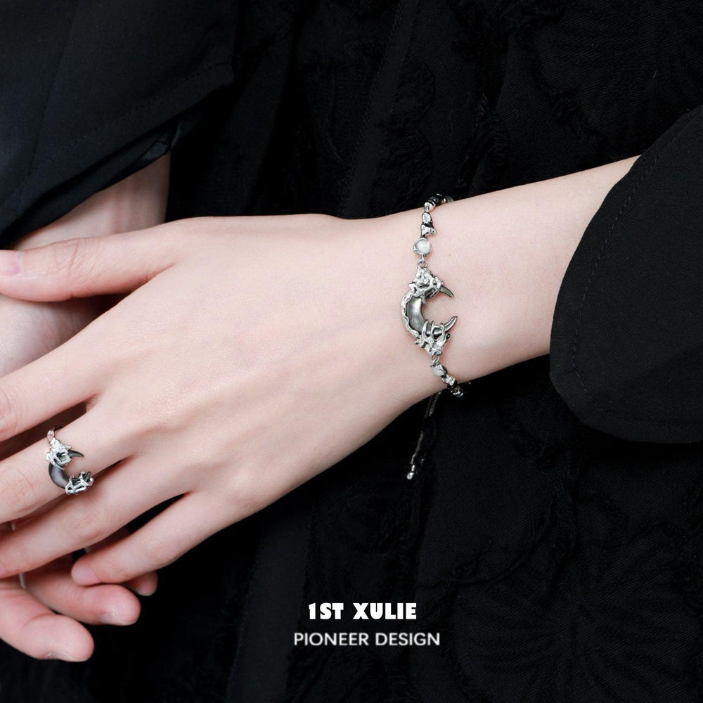 1ST XULIE "MYTH OF THE MOON" Vintage Moon Charm Bead Bracelet in Platinum Plated Brass - On Model