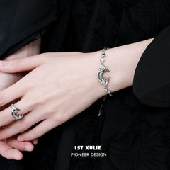 1ST XULIE "MYTH OF THE MOON" Vintage Moon Charm Bead Bracelet in Platinum Plated Brass - On Model