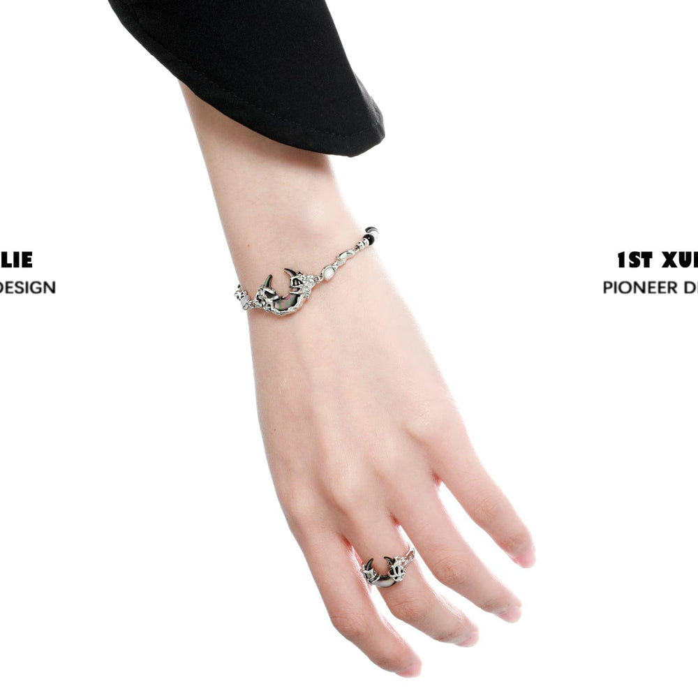 1ST XULIE "MYTH OF THE MOON" Vintage Moon Charm Bead Bracelet in Platinum Plated Brass - Product View