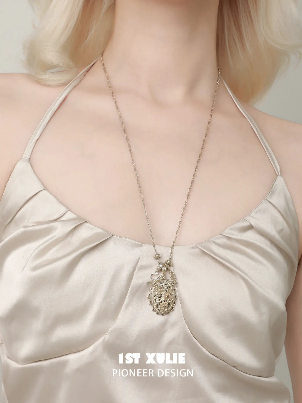 1ST XULIE Jewelry "Lace Rose" Vintage Oval Locket Pendant Necklace in 18K Gold Plated - On Model