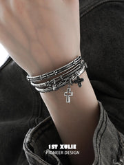 1ST XULIE Jewelry "Irises" Vintage Oxidized Cross Cuff Bangle in Rhodium Plated - Lifestyle Shot