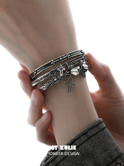 1ST XULIE Jewelry "Irises" Vintage Oxidized Cross Cuff Bangle in Rhodium Plated - Texture Detail