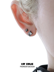 1ST XULIE Jewelry "Irises" Vintage Oxidized Iris Cross Stud Earrings in 925 Sterling Silver - Angle 2