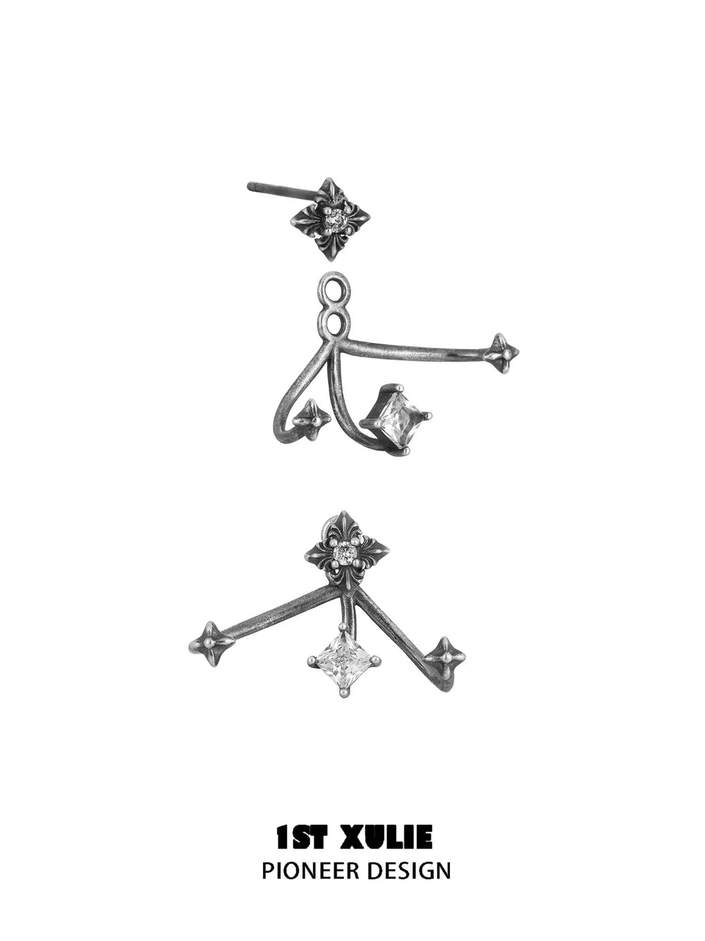 1ST XULIE Jewelry "Irises" Vintage Oxidized Iris Cross Stud Earrings in 925 Sterling Silver - Angle 4