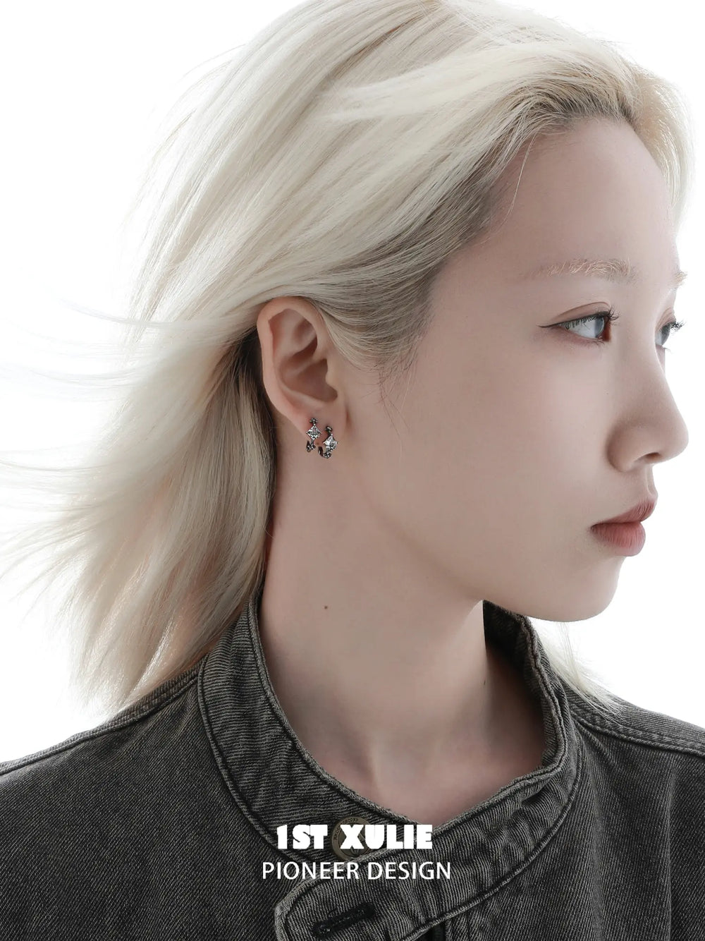 1ST XULIE Jewelry "Irises" Vintage Oxidized Iris Huggie Hoop Earrings in 925 Sterling Silver - On Model