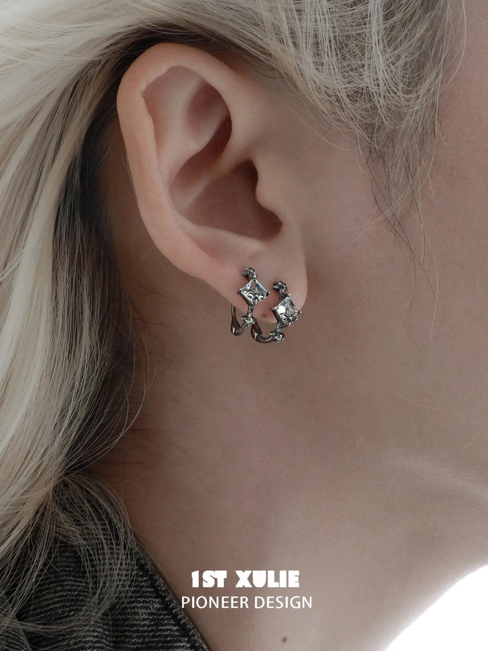 1ST XULIE Jewelry "Irises" Vintage Oxidized Iris Huggie Hoop Earrings in 925 Sterling Silver - Texture