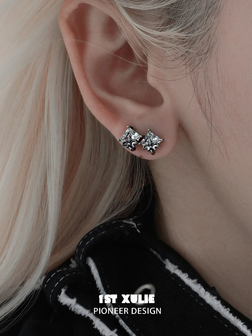 1ST XULIE Jewelry "Irises" Vintage Oxidized Iris Stud Earrings in 925 Sterling Silver - Angle View