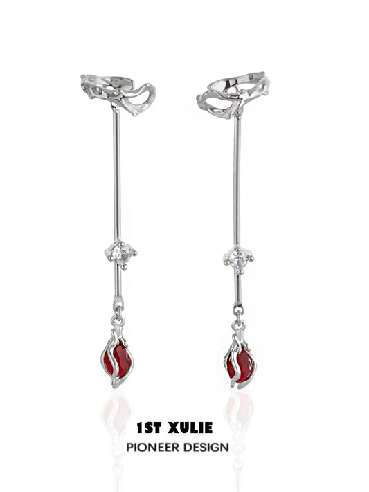 1ST XULIE "Taboo Rose" Vintage Red Gem Rose Dangle Ear Cuffs in Platinum Plated - Product View