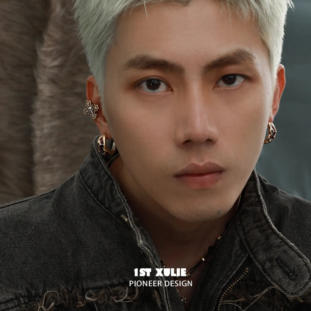 1ST XULIE "Sinfulness" Vintage Skull Huggie Hoop Earrings in 18K Gold Plated - Angle View