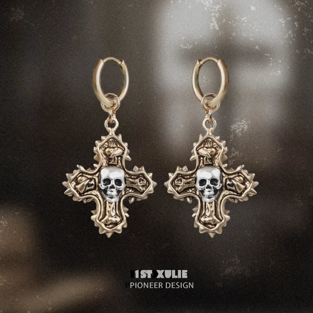 1ST XULIE "Sinfulness" Vintage Skull Huggie Hoop Earrings in 18K Gold Plated - Product View