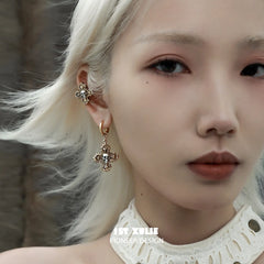 1ST XULIE "Sinfulness" Vintage Skull Huggie Hoop Earrings in 18K Gold Plated - On Model Close-Up