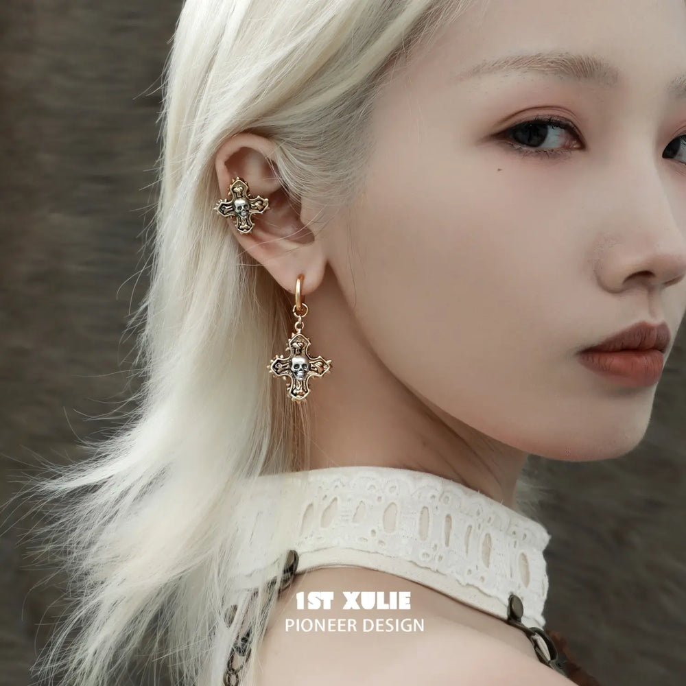 1ST XULIE "Sinfulness" Vintage Skull Huggie Hoop Earrings in 18K Gold Plated - Side View