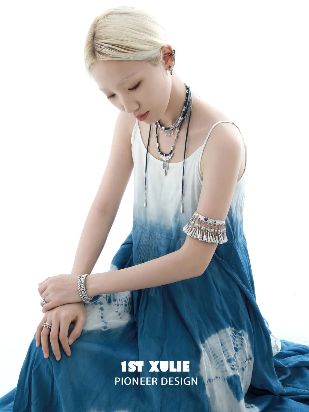 1ST XULIE Jewelry "MIAO" Vintage Sodalite Statement Upper Arm Cuff in Platinum Plated Brass - Angle 1