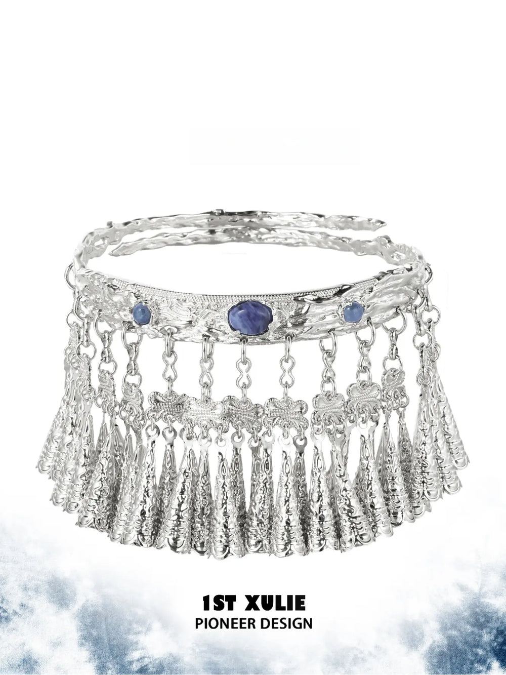 1ST XULIE Jewelry "MIAO" Vintage Sodalite Statement Upper Arm Cuff in Platinum Plated Brass - Product View