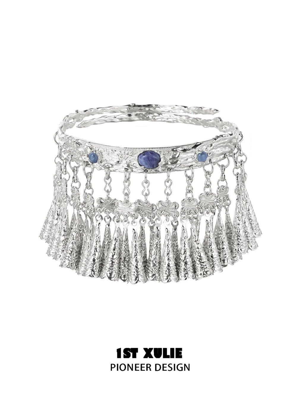 1ST XULIE Jewelry "MIAO" Vintage Sodalite Statement Upper Arm Cuff in Platinum Plated Brass - On Model