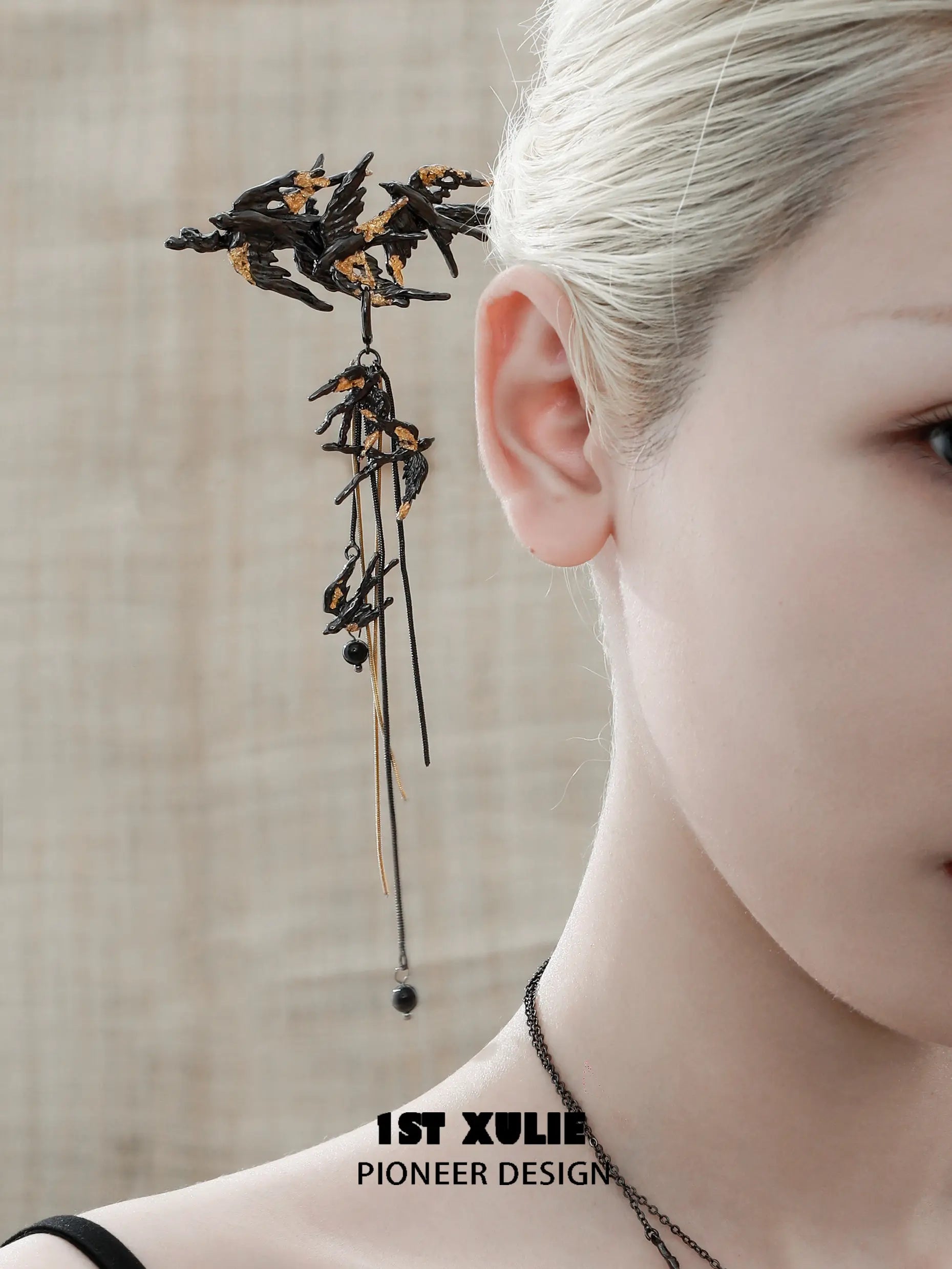 1ST XULIE "Swallow's Return" Vintage Swallow Tassel Hair Stick in 18K Black Gold Plated Brass - Detail Shot 1ST XULIE "Swallow's Return" Vintage Swallow Tassel Hair Stick in 18K Black Gold Plated Brass - Detail Shot