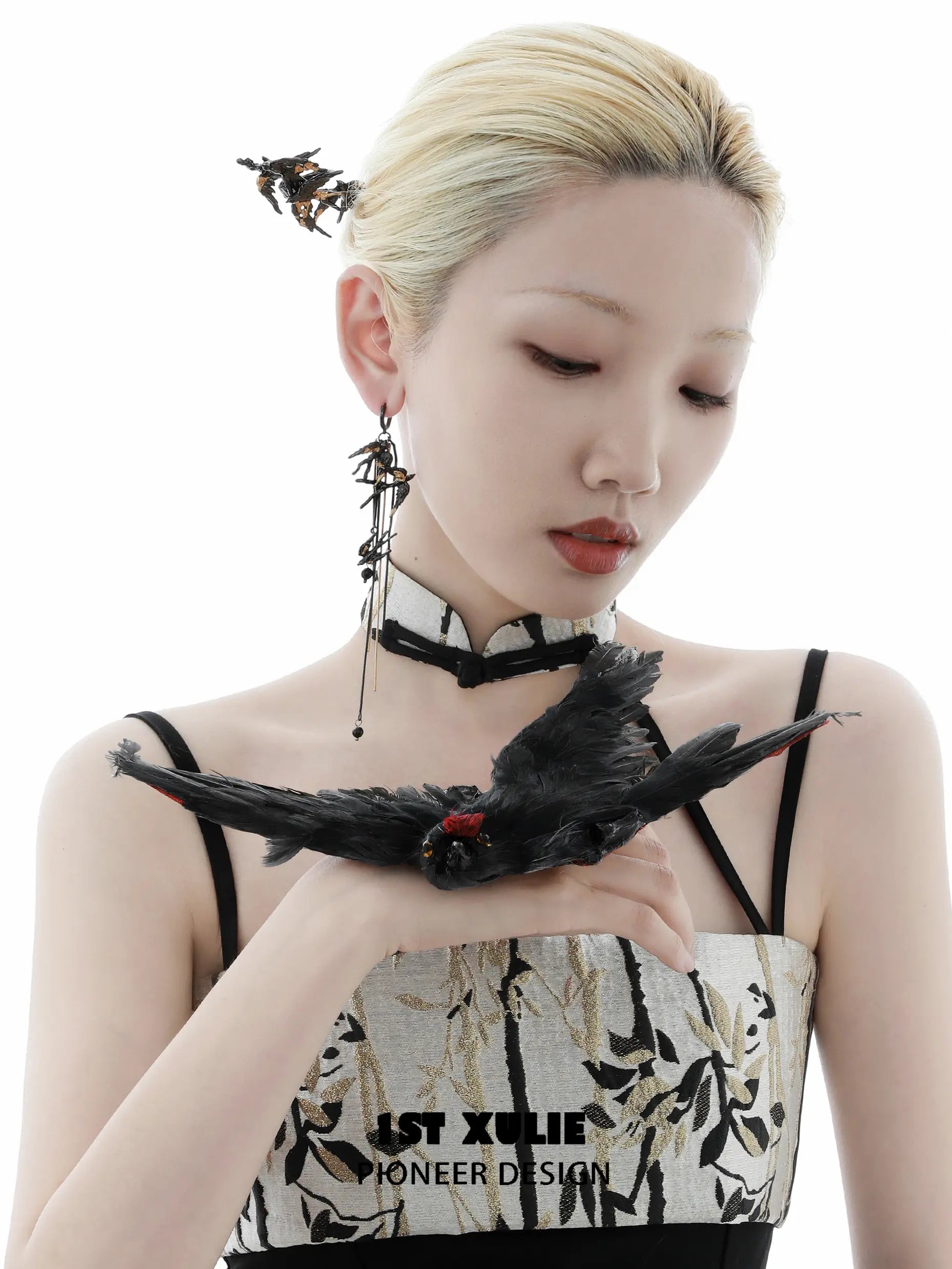 1ST XULIE "Swallow's Return" Vintage Swallow Tassel Hair Stick in 18K Black Gold Plated Brass - Product View 1ST XULIE "Swallow's Return" Vintage Swallow Tassel Hair Stick in 18K Black Gold Plated Brass - Product View