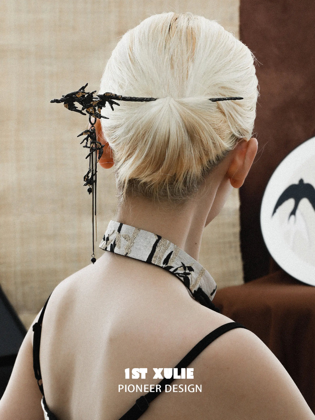 1ST XULIE "Swallow's Return" Vintage Swallow Tassel Hair Stick in 18K Black Gold Plated Brass - On Model Close-Up