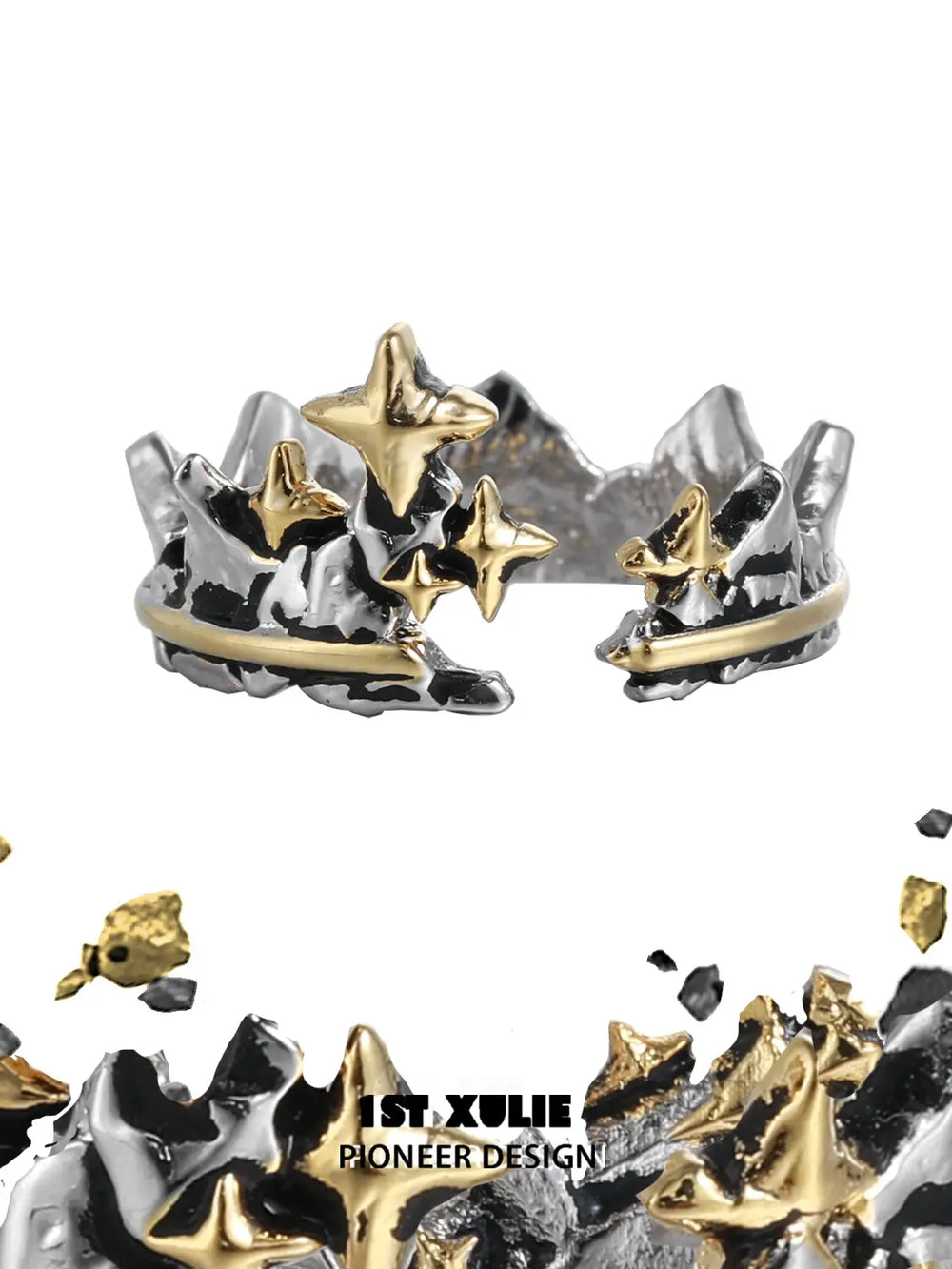 1ST XULIE Jewelry "Knight's Oath" Vintage Sword Crown Adjustable Open Rings in 925 Sterling Silver - Angle View