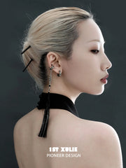 1ST XULIE Jewelry "MONOLOGUES" Vintage Textured Huggie Hoop Earrings in Platinum Plated - Lifestyle Shot