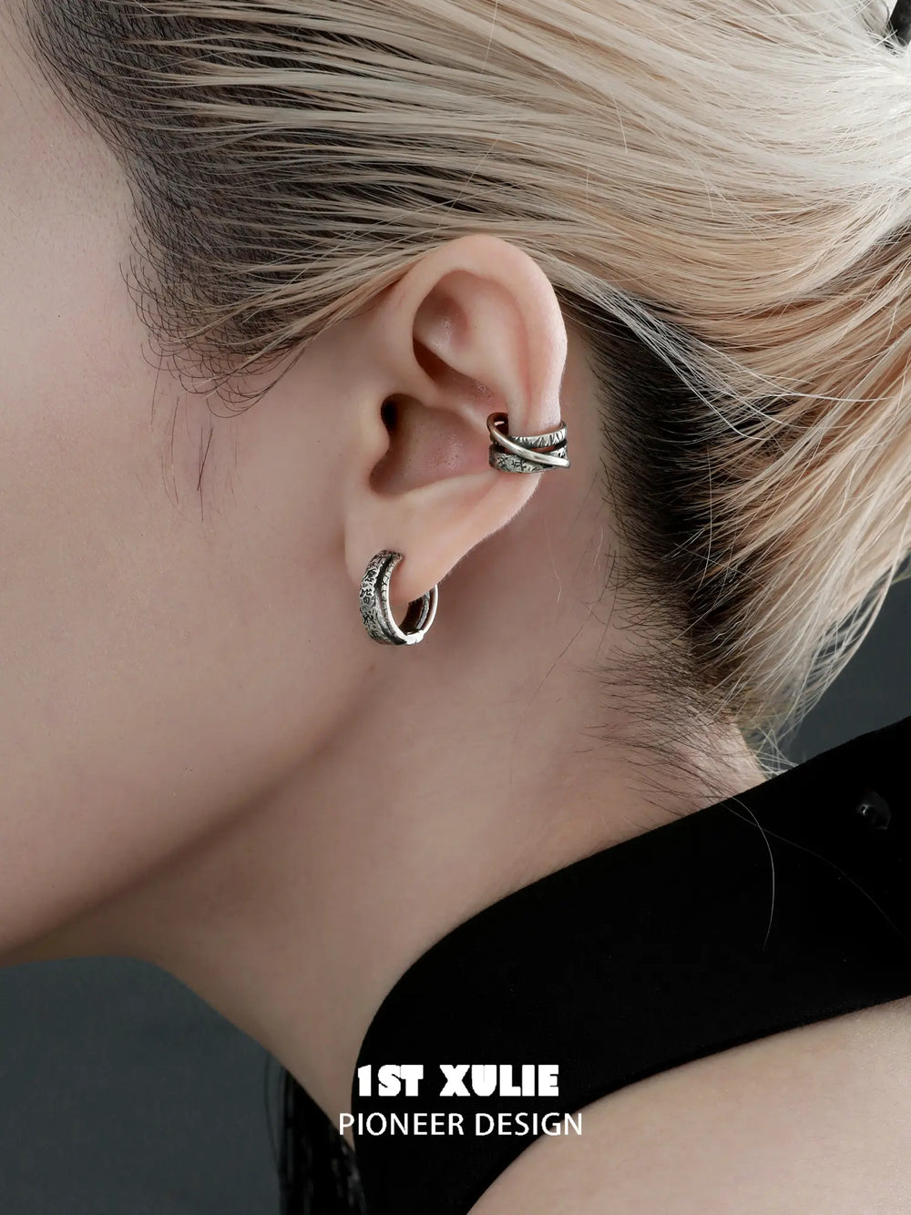 1ST XULIE Jewelry "MONOLOGUES" Vintage Textured Huggie Hoop Earrings in Platinum Plated - Product View