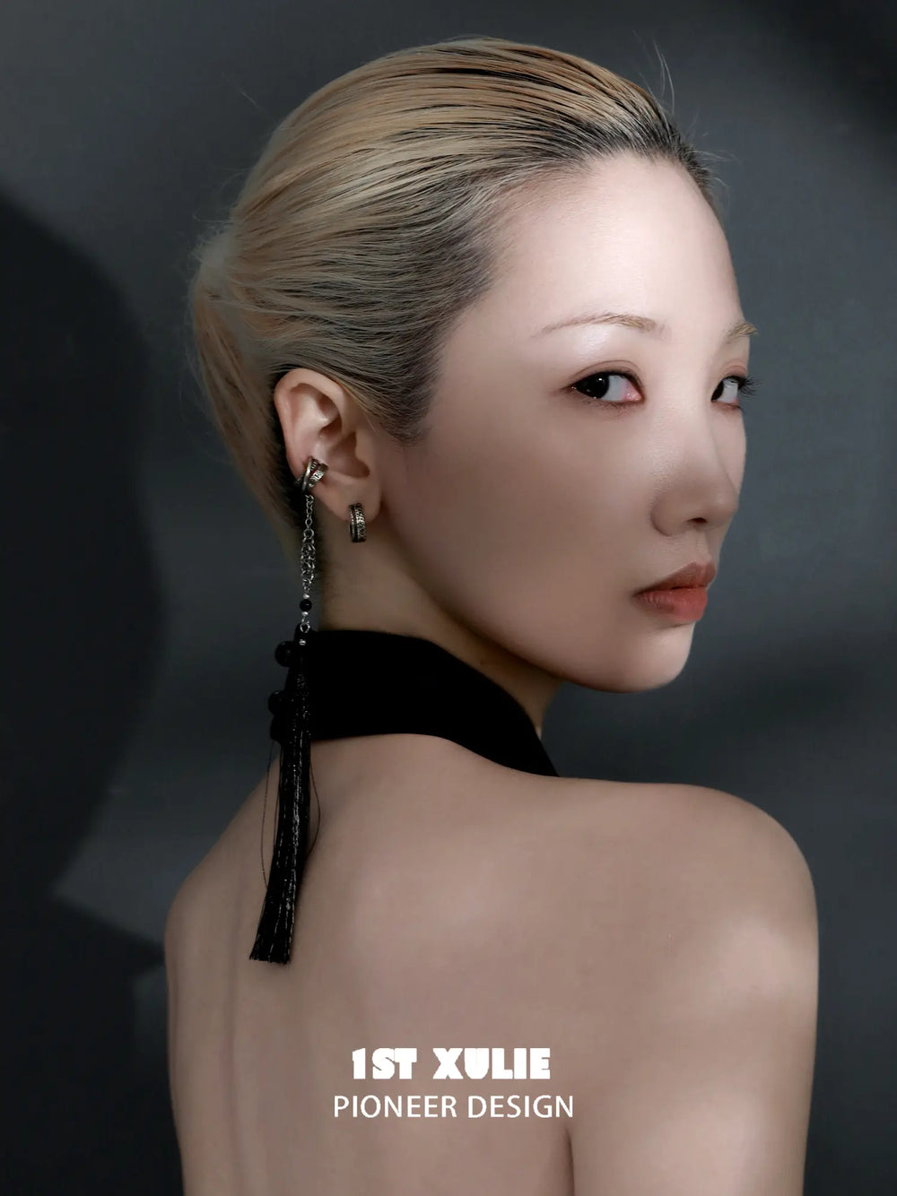 1ST XULIE Jewelry "MONOLOGUES" Vintage Textured Huggie Hoop Earrings in Platinum Plated - Side View